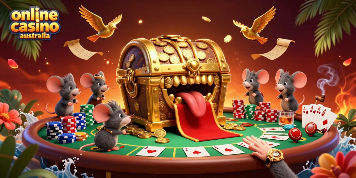 Engaging scene showcasing online casino Australia with a treasure chest and poker elements in a vibrant atmosphere.