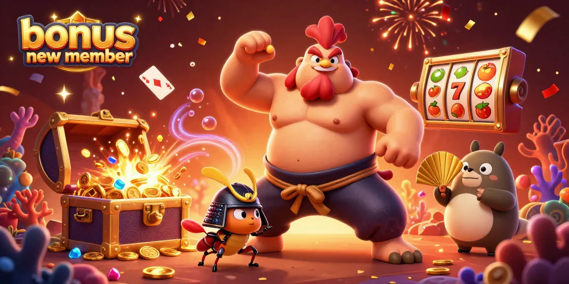 Engage with the bonus new member offer in an exciting casino scene full of colorful gaming elements.