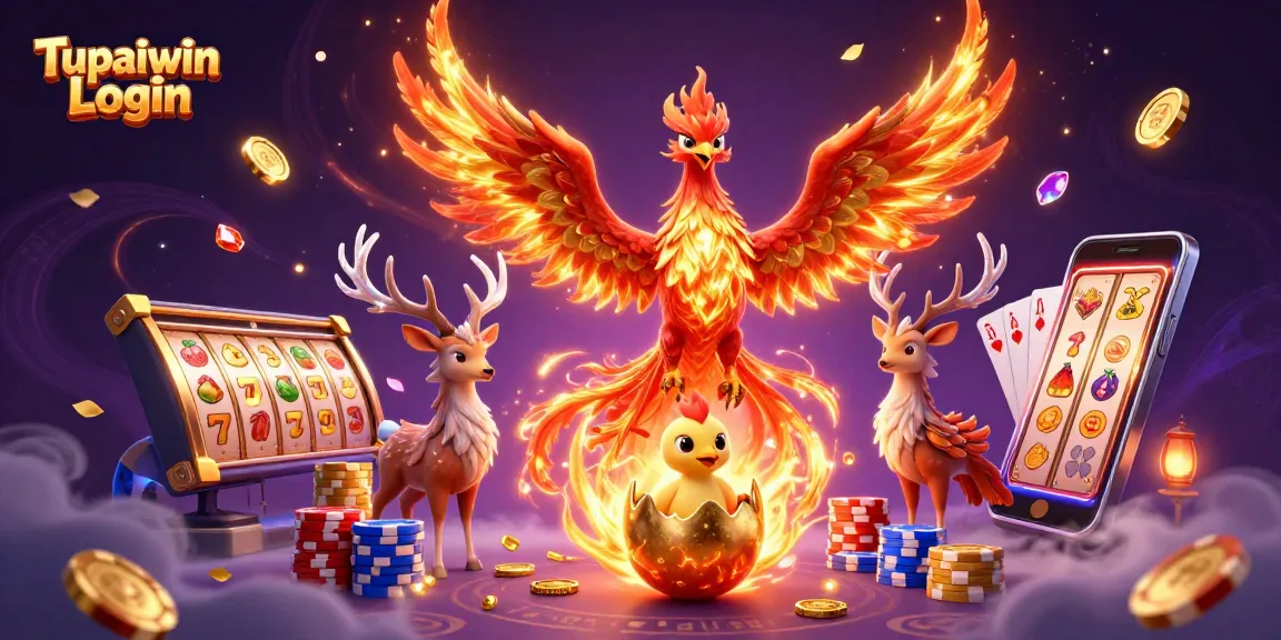 Tupaiwin Login showcases a vibrant scene with a fire phoenix, baby phoenix, and mystical stag amidst a whirlwind of casino elements, enhancing online gambling excitement.