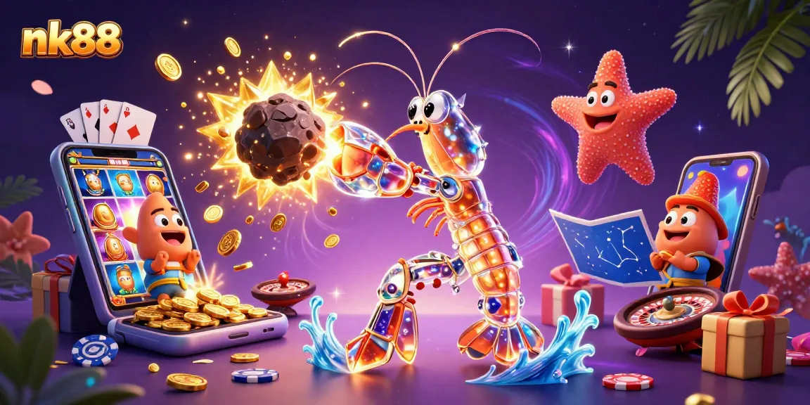 Experience thrilling gaming at nk88 with a vivid 3D scene of action-packed slot games and vibrant characters.