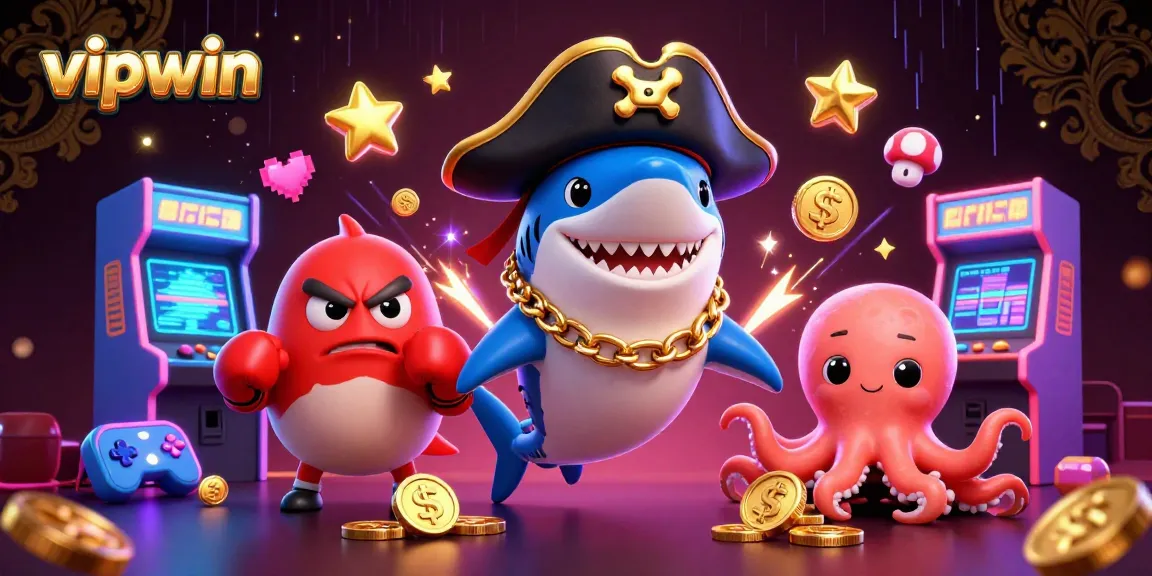 Experience thrilling gaming adventures with vipwin, where a pirate shark, pufferfish, and octopus celebrate wins.