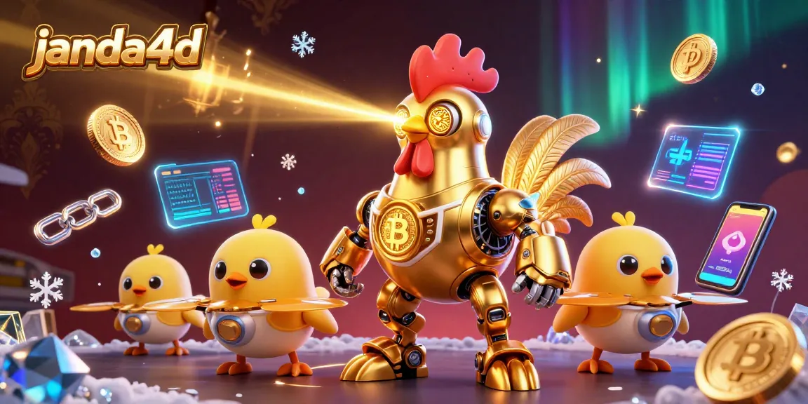 janda4d menghadirkan suasana kasino megah dengan robot ayam emas dan koin crypto bersinar.