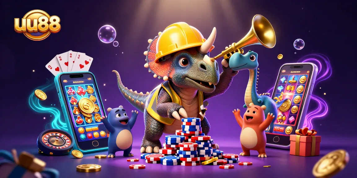 uu88 celebrates with a colorful casino scene featuring triceratops building poker chips