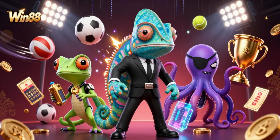 Win88 showcases a thrilling scene of a chameleon secret agent and companions in an energetic sports betting environment.